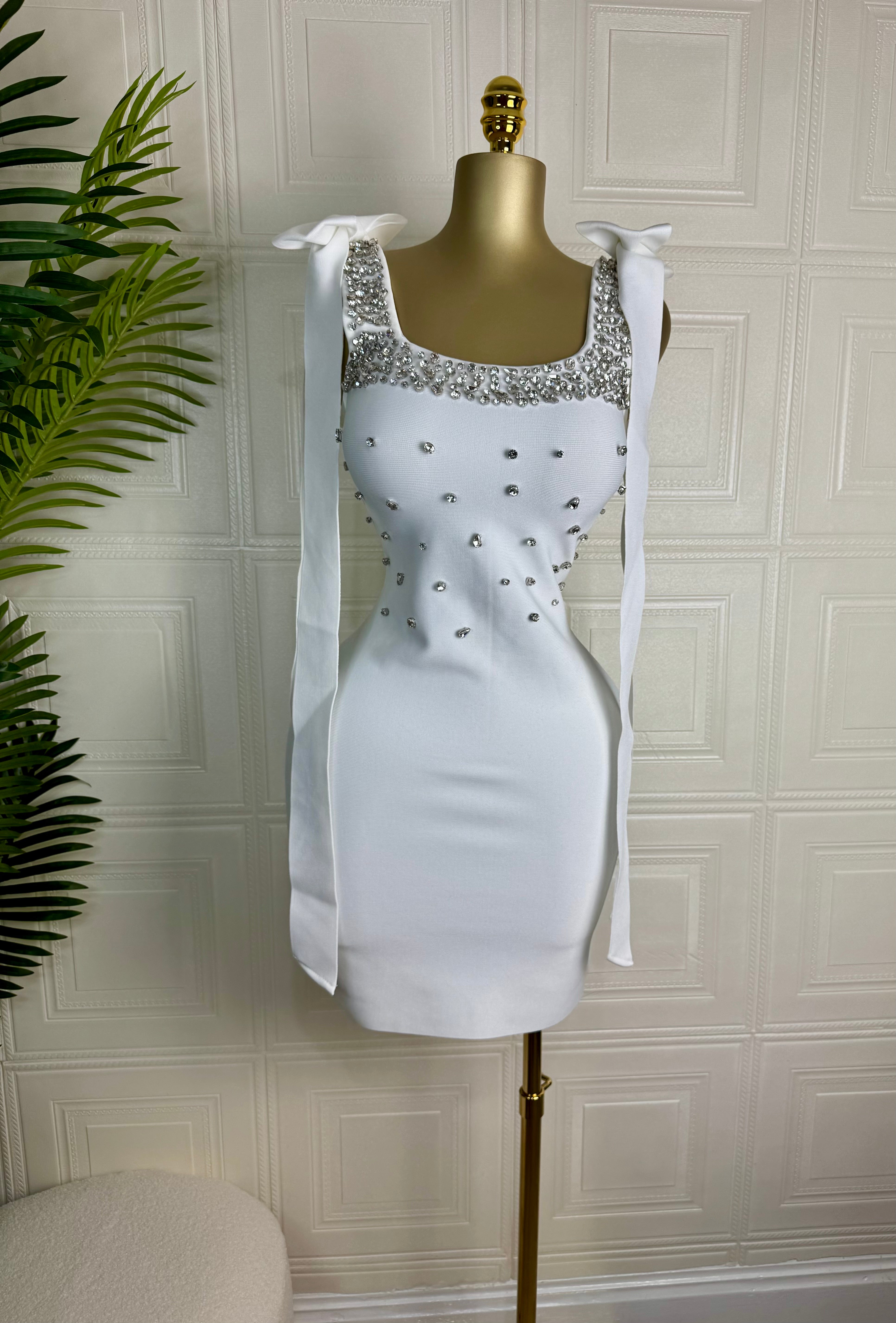 Scarlett Luxe Crystal-Studded Bow Shoulder Mini Dress White – Bk Chic Luxury